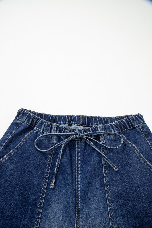 Denim Raw Hem Drawstring Wide Leg Pants