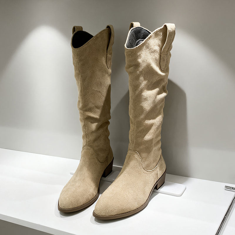 Chunky Heel Suede High-Top Riding Boots Women