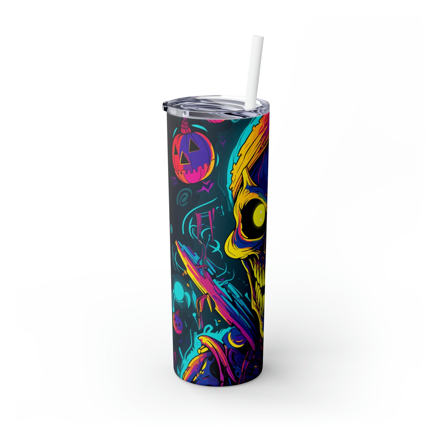 Halloween Skinny Tumbler with Straw 20oz - Spooky Drinkware, Skeleton Theme, BPA-Free, Reusable Cup, Halloween Tumbler, Halloween Gift