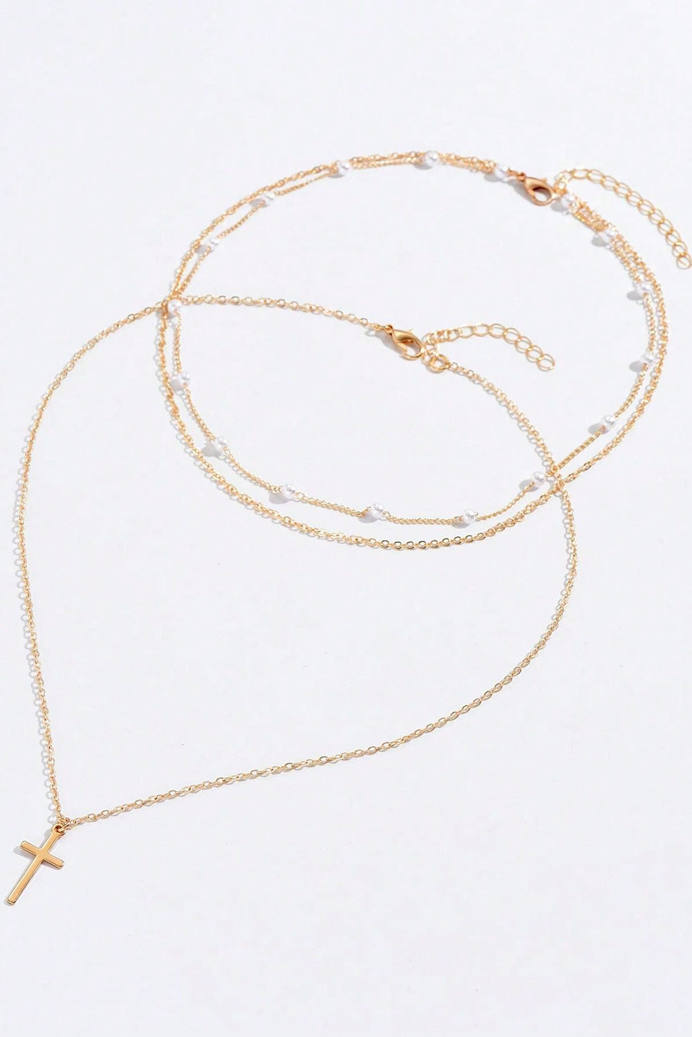 Gold Plated Pearl Decor Cross Pendant Triple Layer Chain Necklace