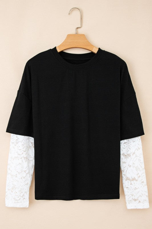 Lace Insert Long Sleeve Drop Shoulder Tee