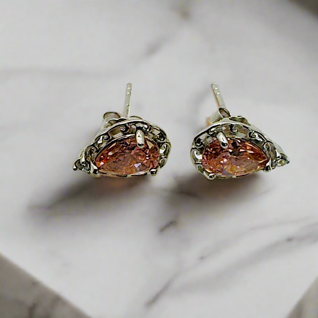 Pink CZ Rhodium Plated Sterling Silver Stud Earrings 925 Silver Amtikiss Casuals
