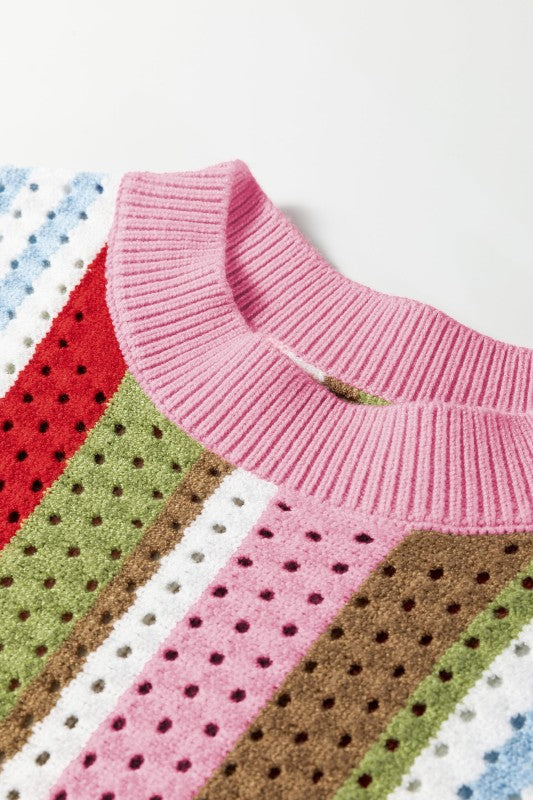 Stripe Pointelle Knit 3/4 Sleeve Sweater Soft Textured Knit Sweater