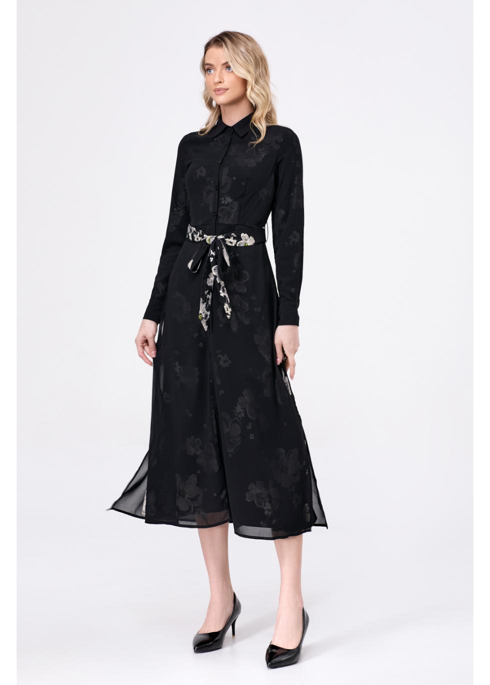 Midnight Floral Black Collared Midi Dress with Belt Miss Finch NYC