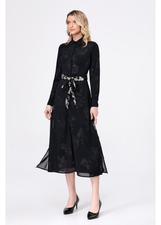 Midnight Floral Black Collared Midi Dress with Belt Miss Finch NYC