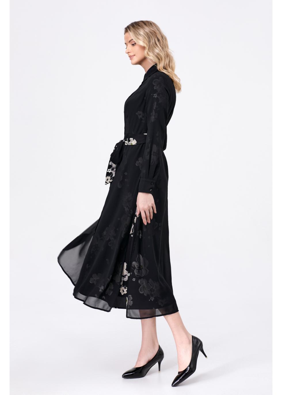 Midnight Floral Black Collared Midi Dress with Belt Miss Finch NYC