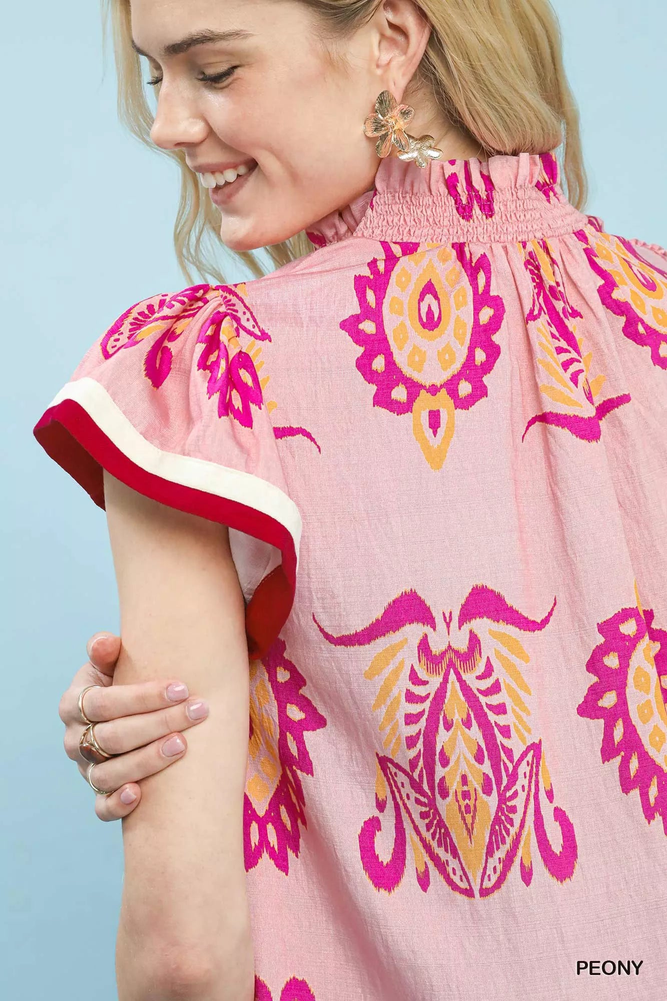 Border Print Split-Neck Boho Top Short Sleeves Umgee