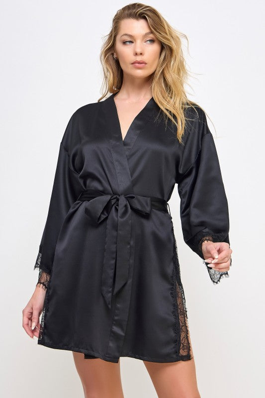 Gillian Satin Robe with Lace Trim 2495