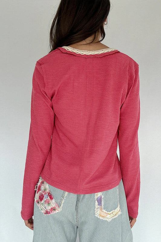 Racing Red Ribbed Texture Contrast Lace Trim Long Sleeve Top