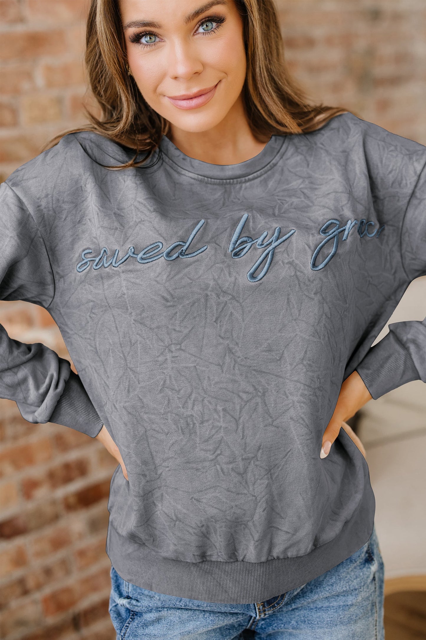 High-rise Mineral Wash Loose Sweatshirt Letter Embroidery