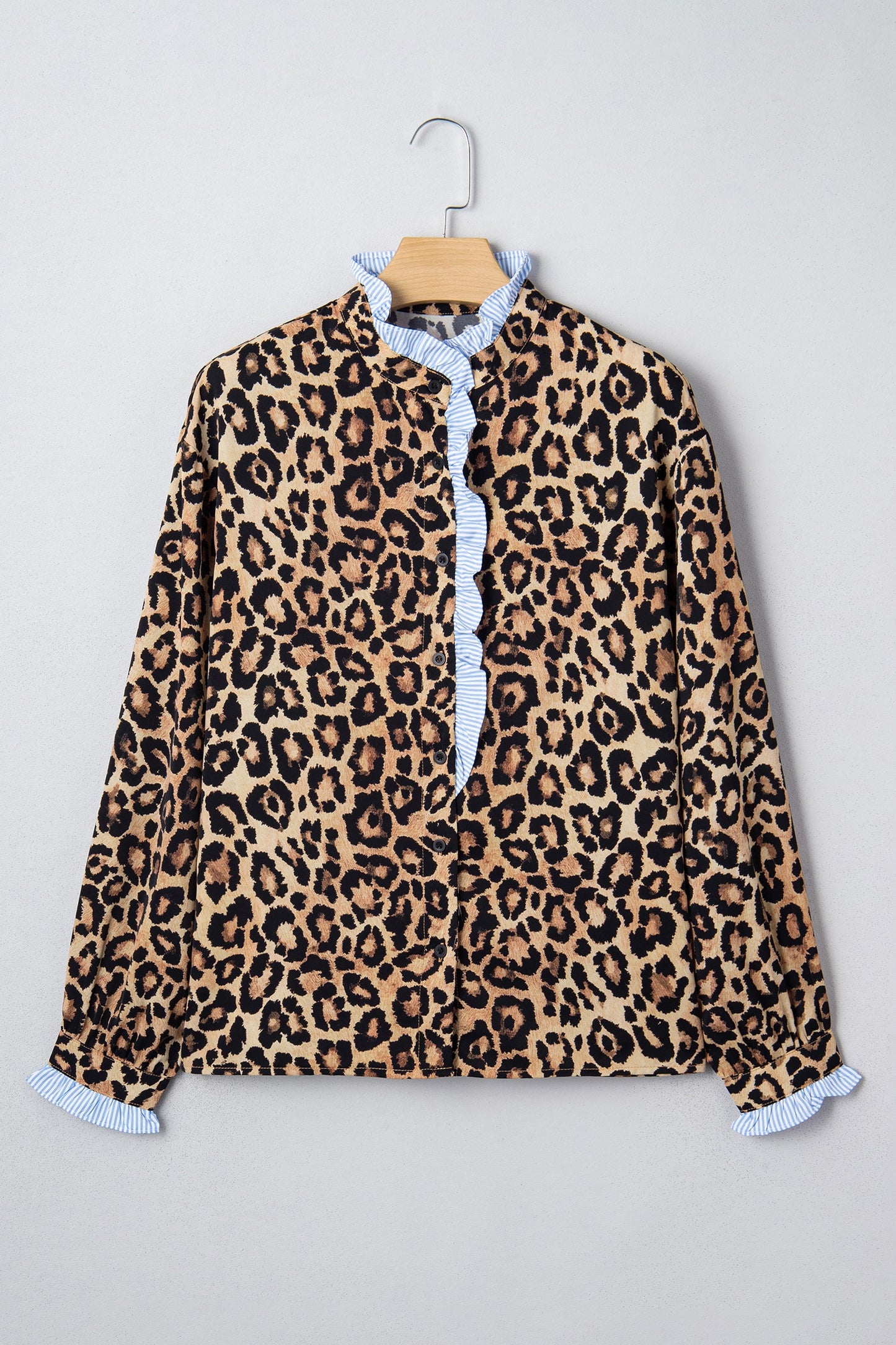 Brown Wild Leopard Print Contrast Striped Frilled Trim Shirt