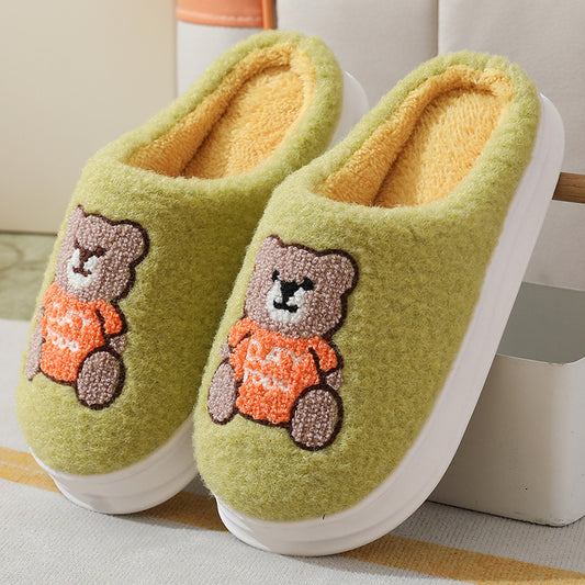 Lovely Cartoon Bear Woolen Thick-soled Non-slip Women Winter Slippers