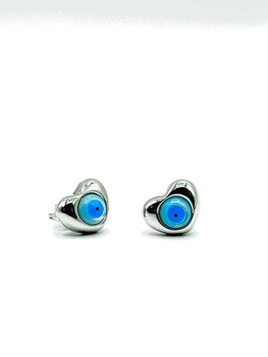 Heart Evil Eye Stud Earrings Sterling Silver