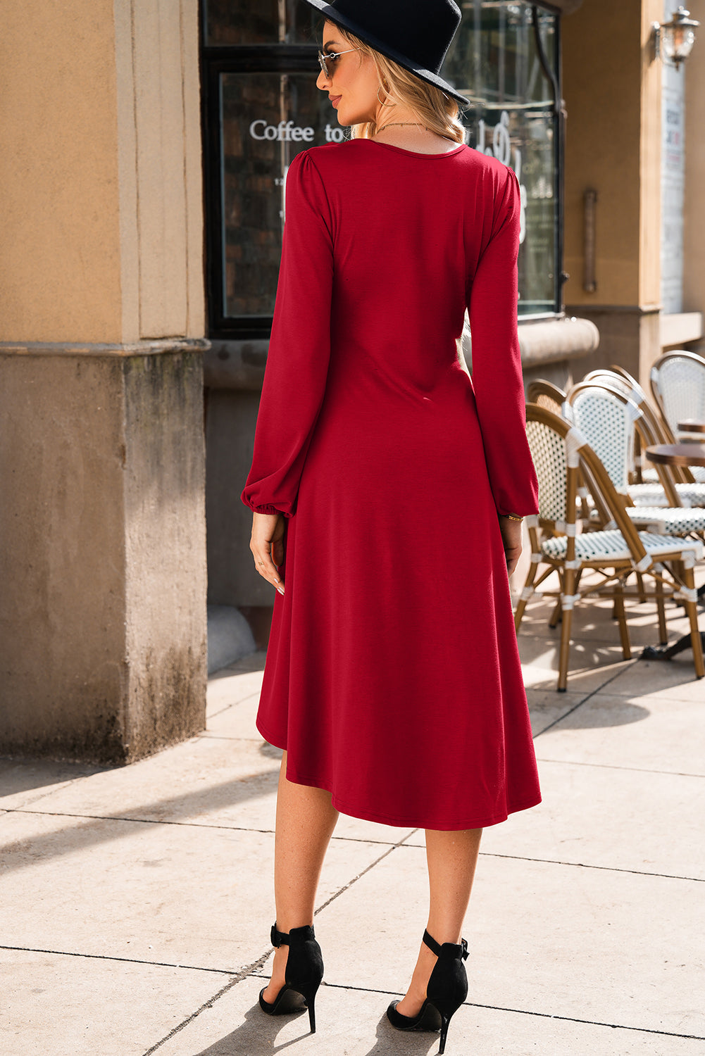 Fiery Red Ruched Detail Long Sleeve Midi Dress