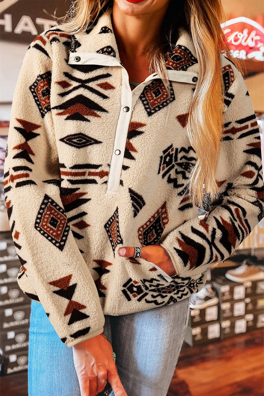 Beige Western Aztec Plush Half Zip Sweatshirt