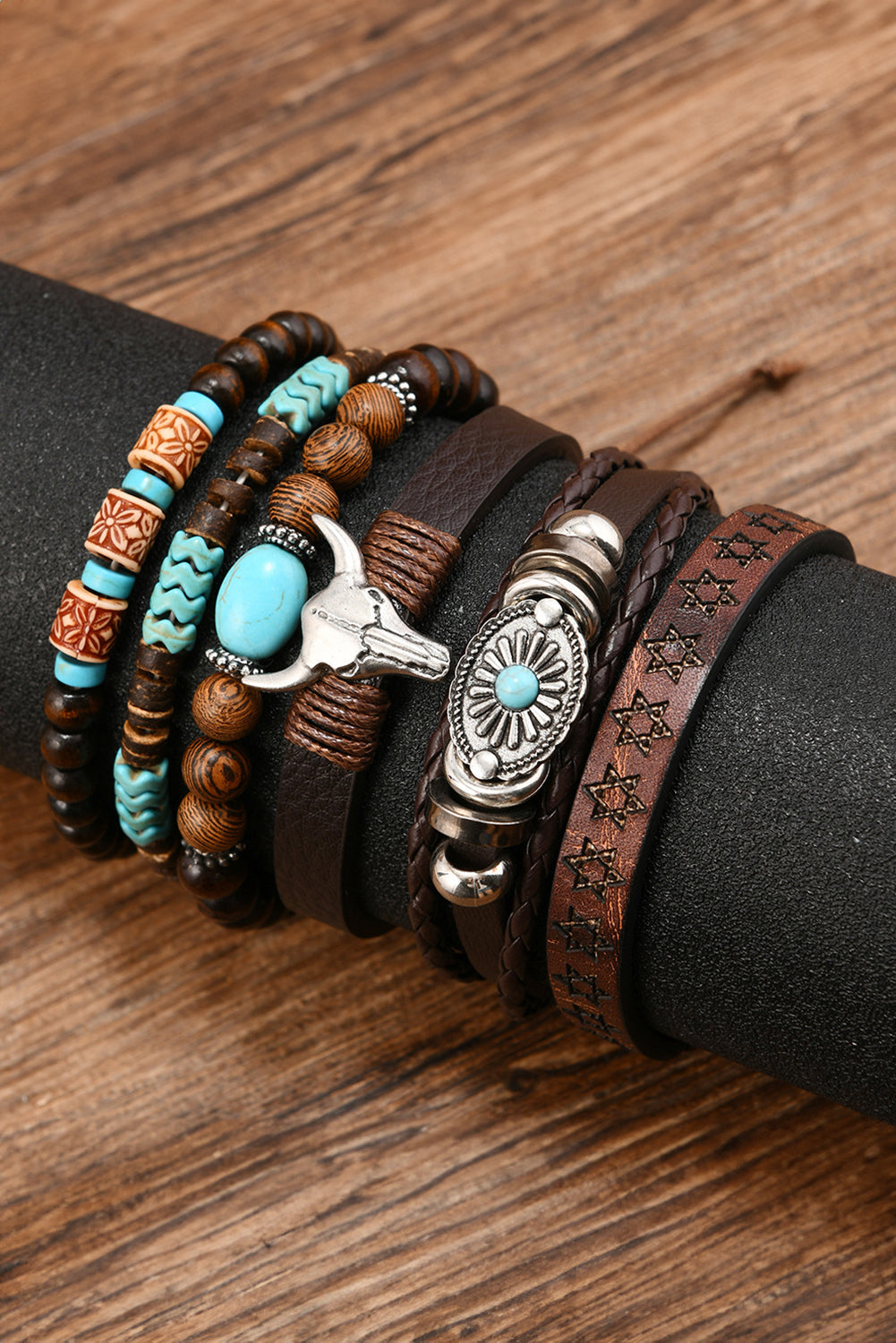 Chestnut Western Bull Skull Turquoise Beading 6 Piece Bracelet Set