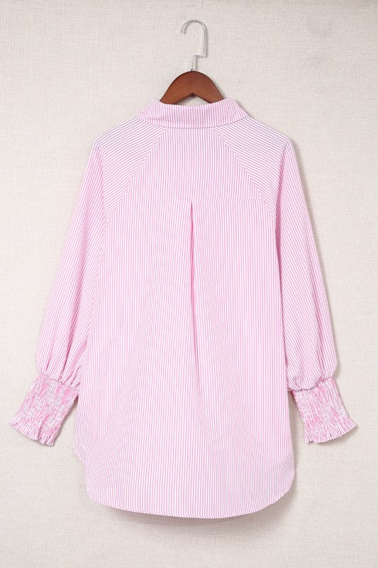 Stripe Smocked Long Sleeve Button-Up Shirt
