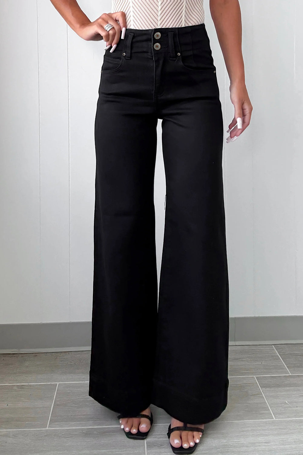 Black High Waist Flared Bottom Jeans 2-Button Design