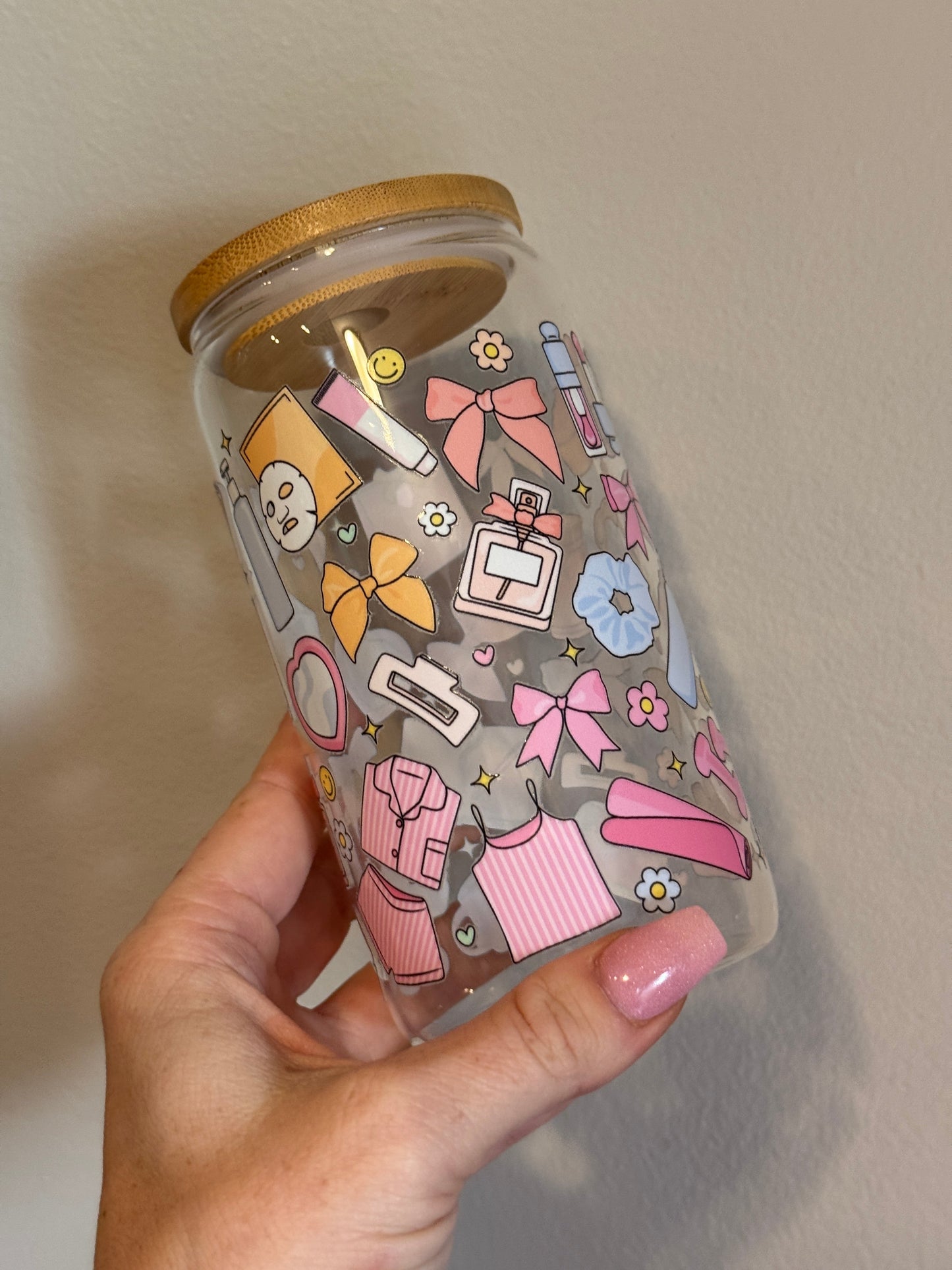 Self Care Girly 16oz Glass Cup Sawdust and Cedar