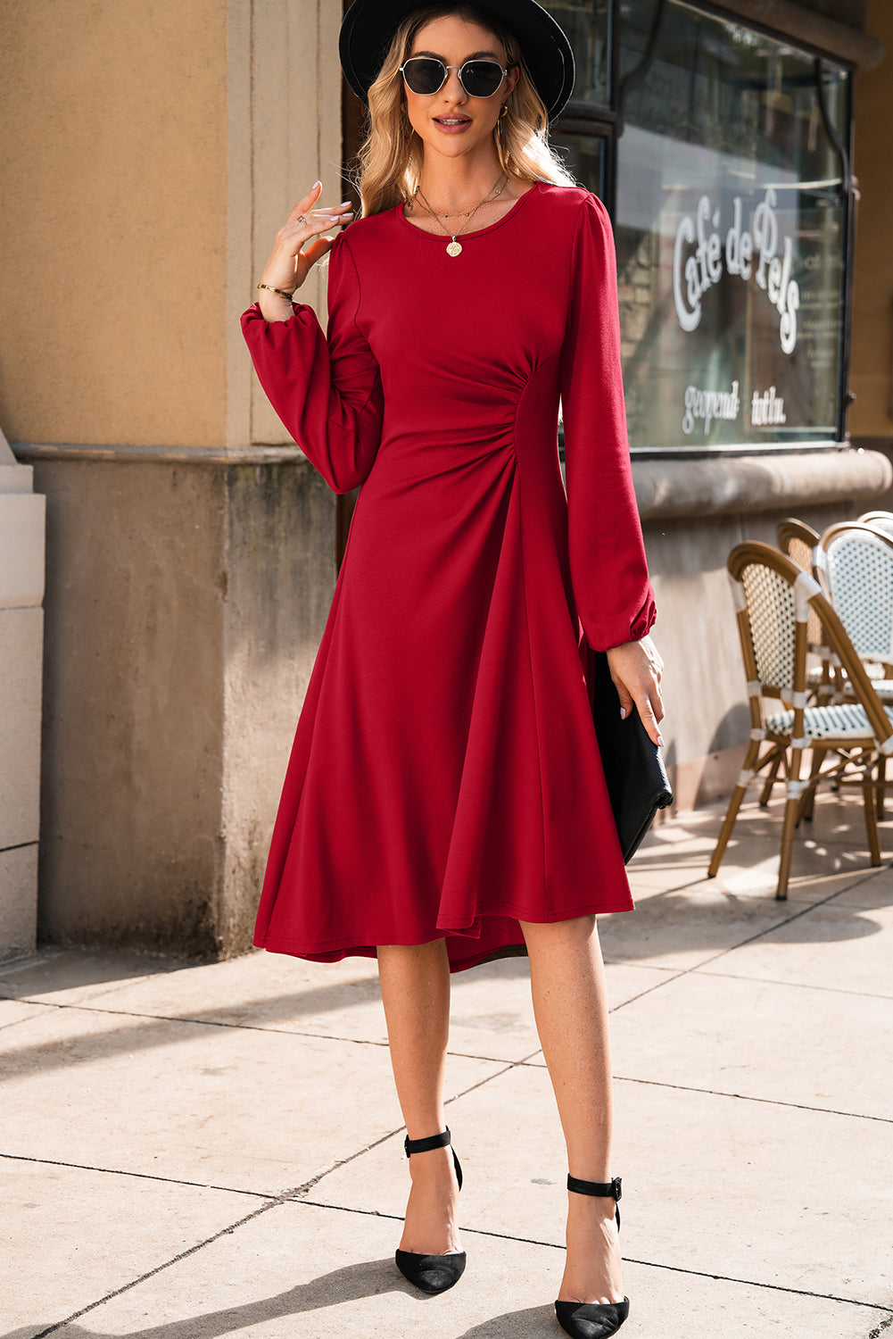 Fiery Red Ruched Detail Long Sleeve Midi Dress