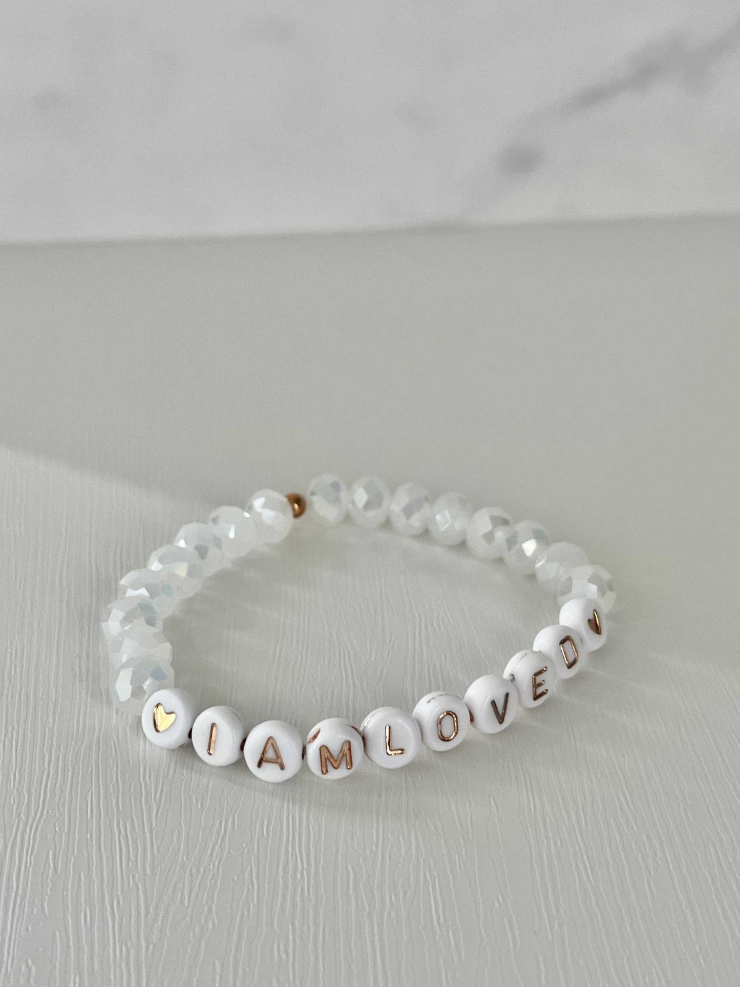 Pink Opal and White Bead I Am Loved Bracelet Christian Jewelry