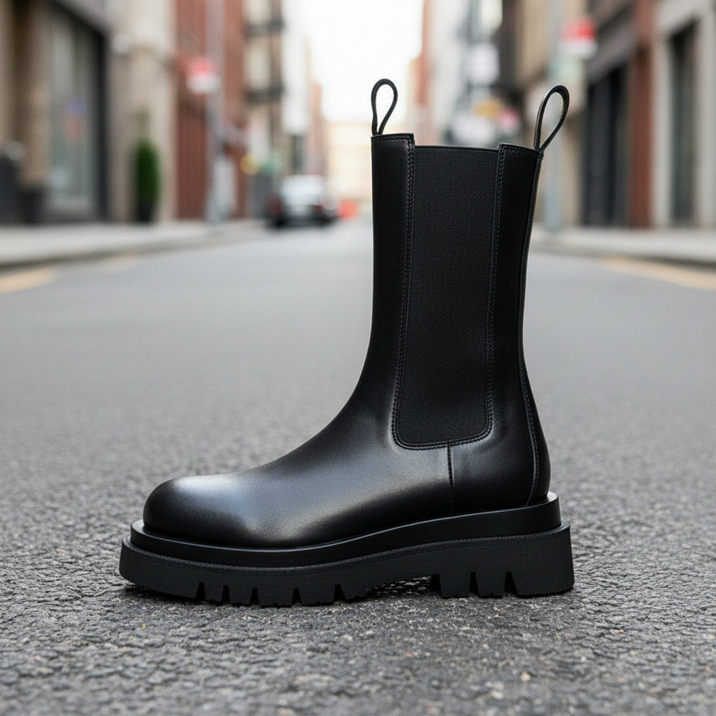 British-Style Mid-Calf Thick-Soled Leather Boots Women’s