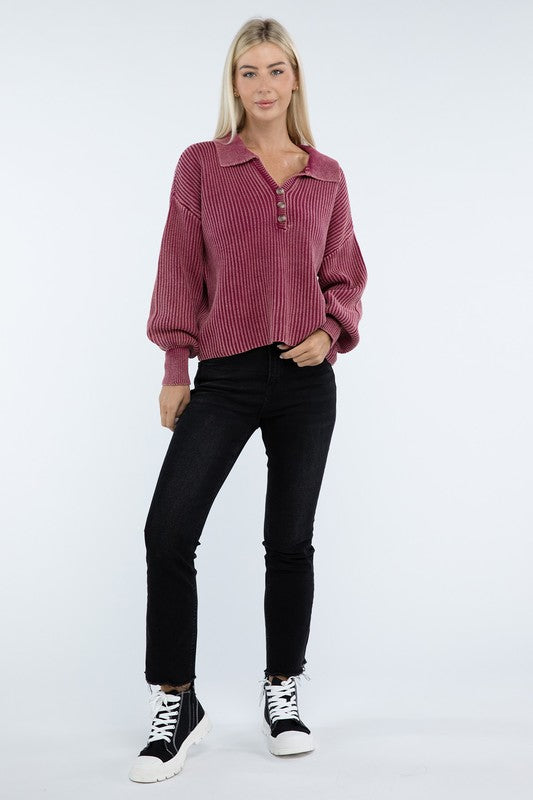 Washed Collared Henley Sweater Low Gauge Heavyweight Sweater