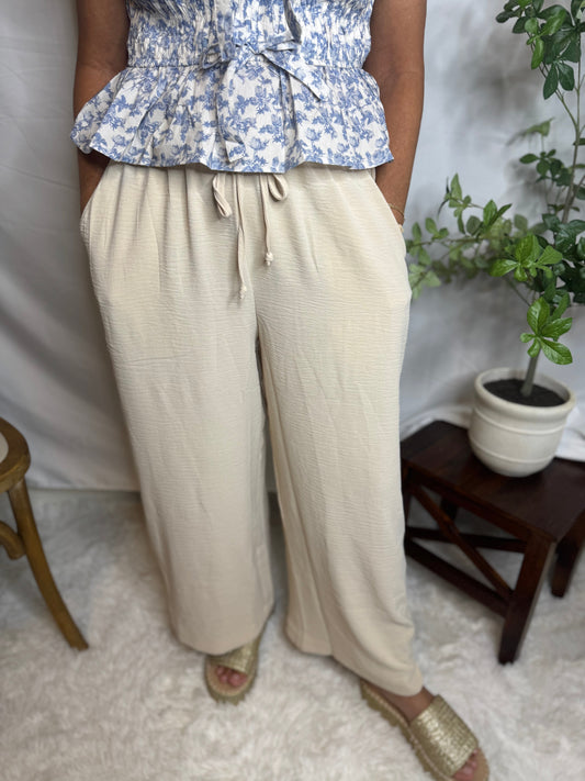 Wide-Leg Drawstring Oatmeal Pants
