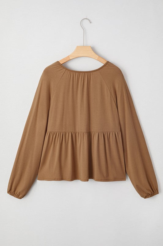 Smocked Split V-Neck Buttoned Blouse Solid