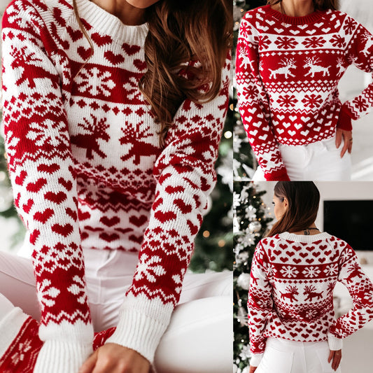 Christmas Elk Long Sleeve Knitted Sweater Acrylic Cotton