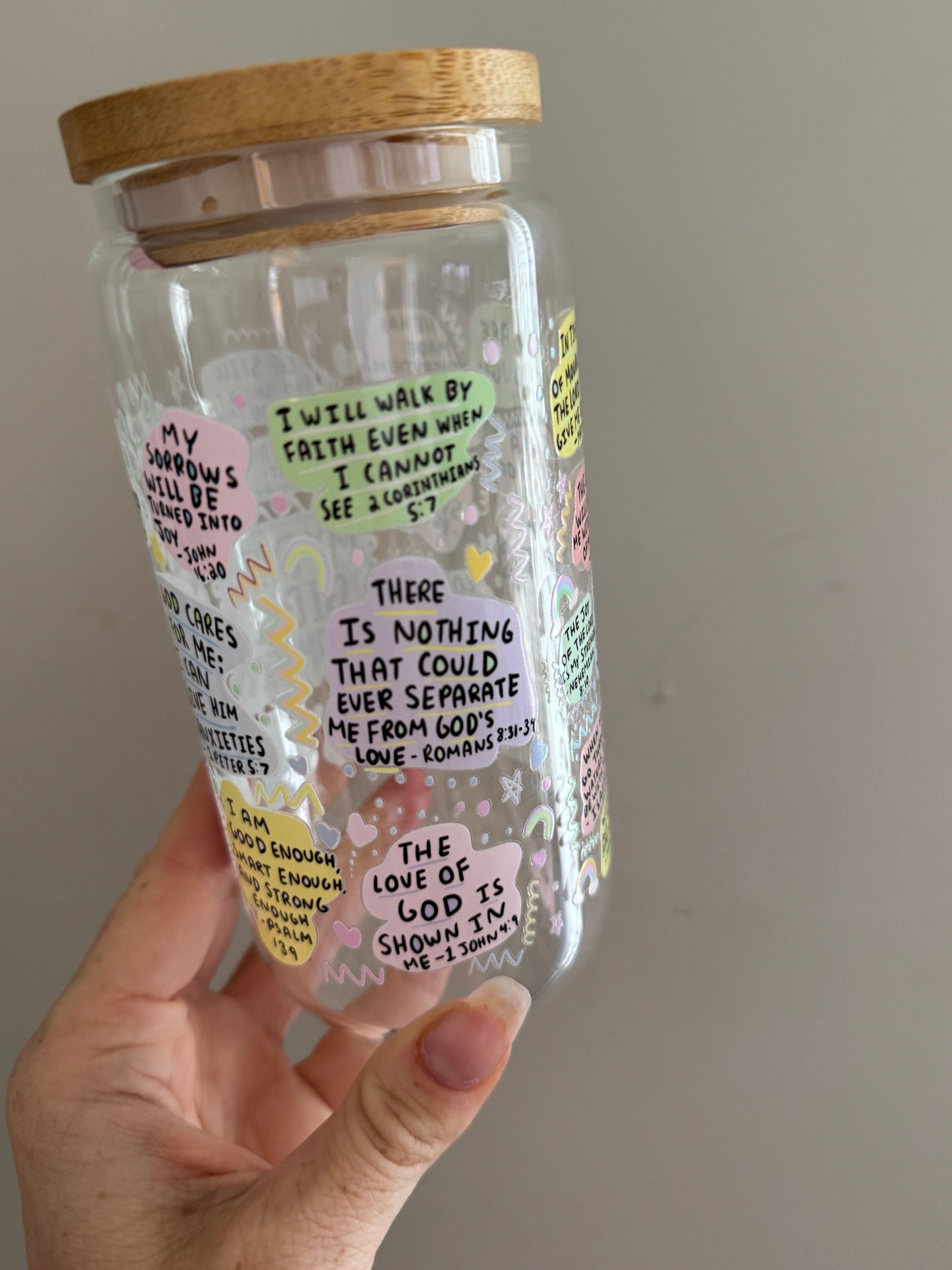 Daily Bible Affirmations 16oz Glass Tumbler Sawdust and Cedar