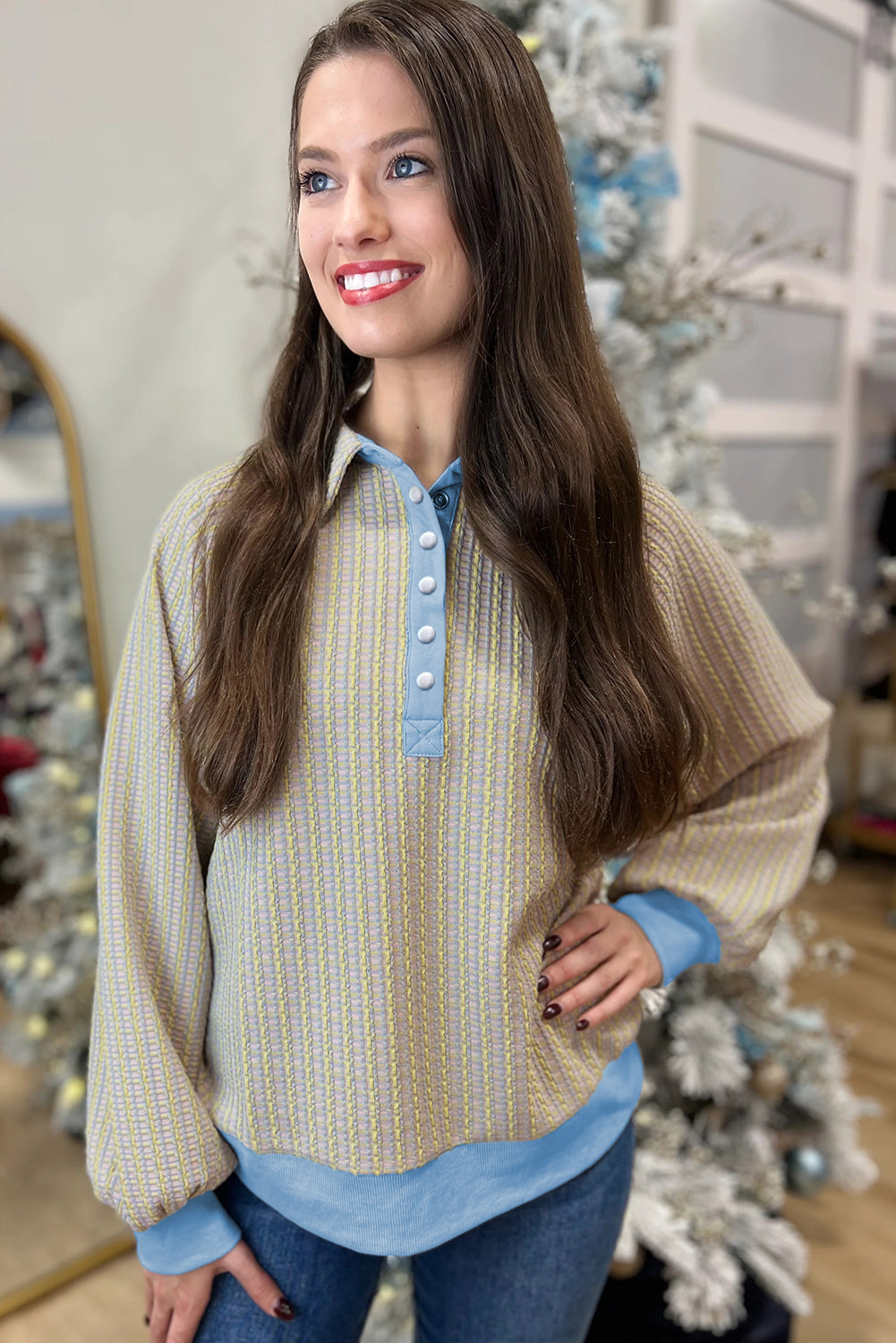 Jacquard Button Front Henley Sweatshirt Medium Elasticity Beau Blue