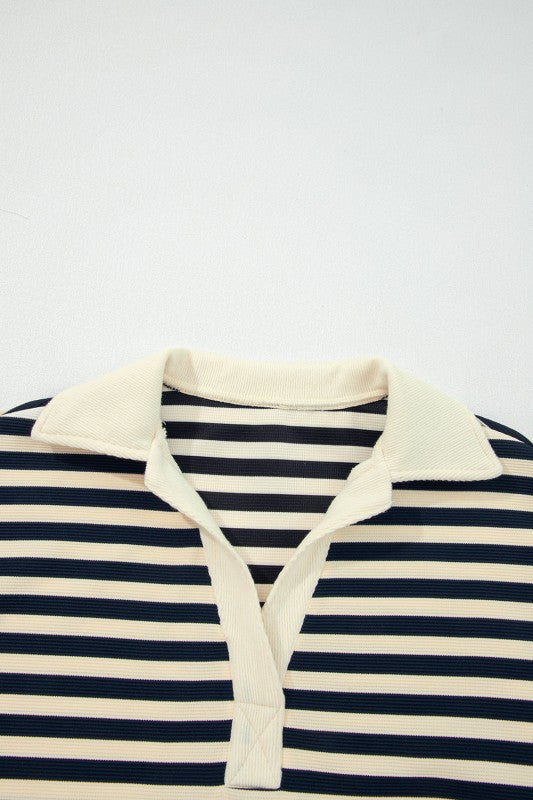 Striped Collar V-Neck Long Sleeve Top