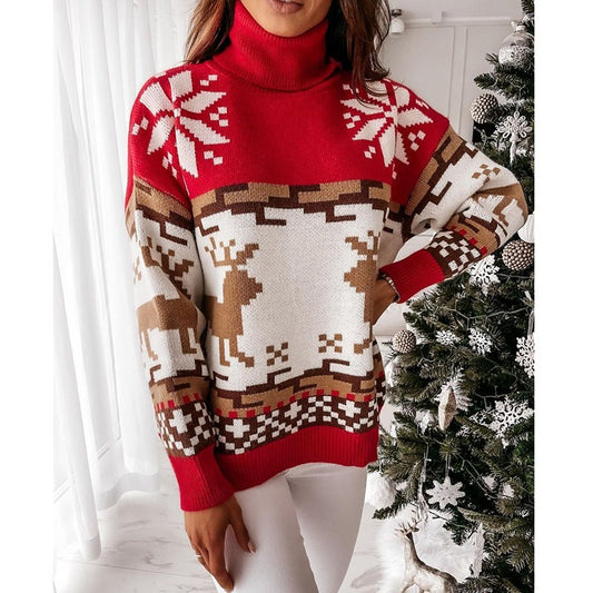 Turtleneck Jacquard Knitted Sweater Elk Christmas Red Green White