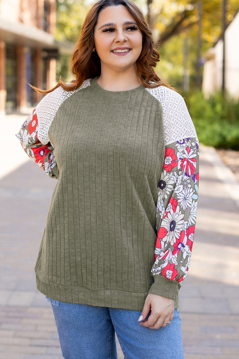 Plus Size Textured Floral Patchwork Raglan Sleeve Top Vineyard Green