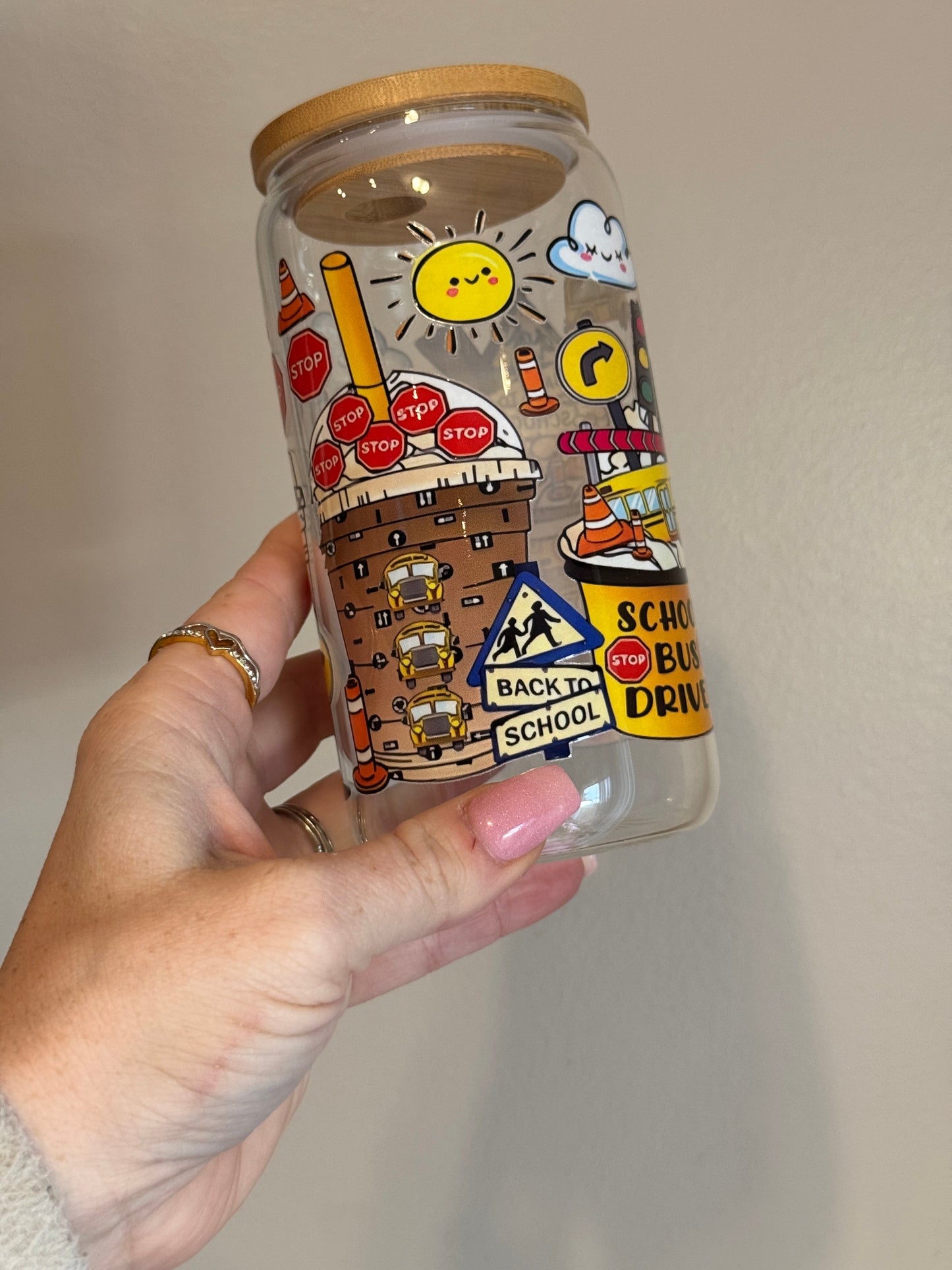 School Bus Driver Durable Glass Cup with Bamboo Lid