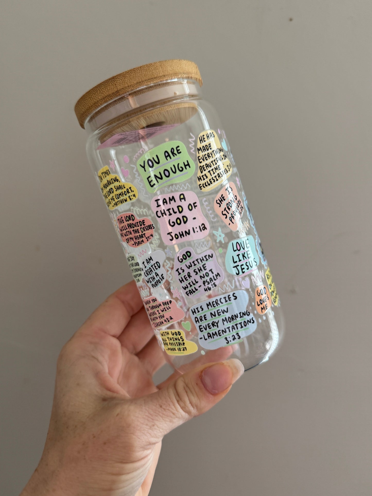 Daily Bible Affirmations 16oz Glass Tumbler Sawdust and Cedar