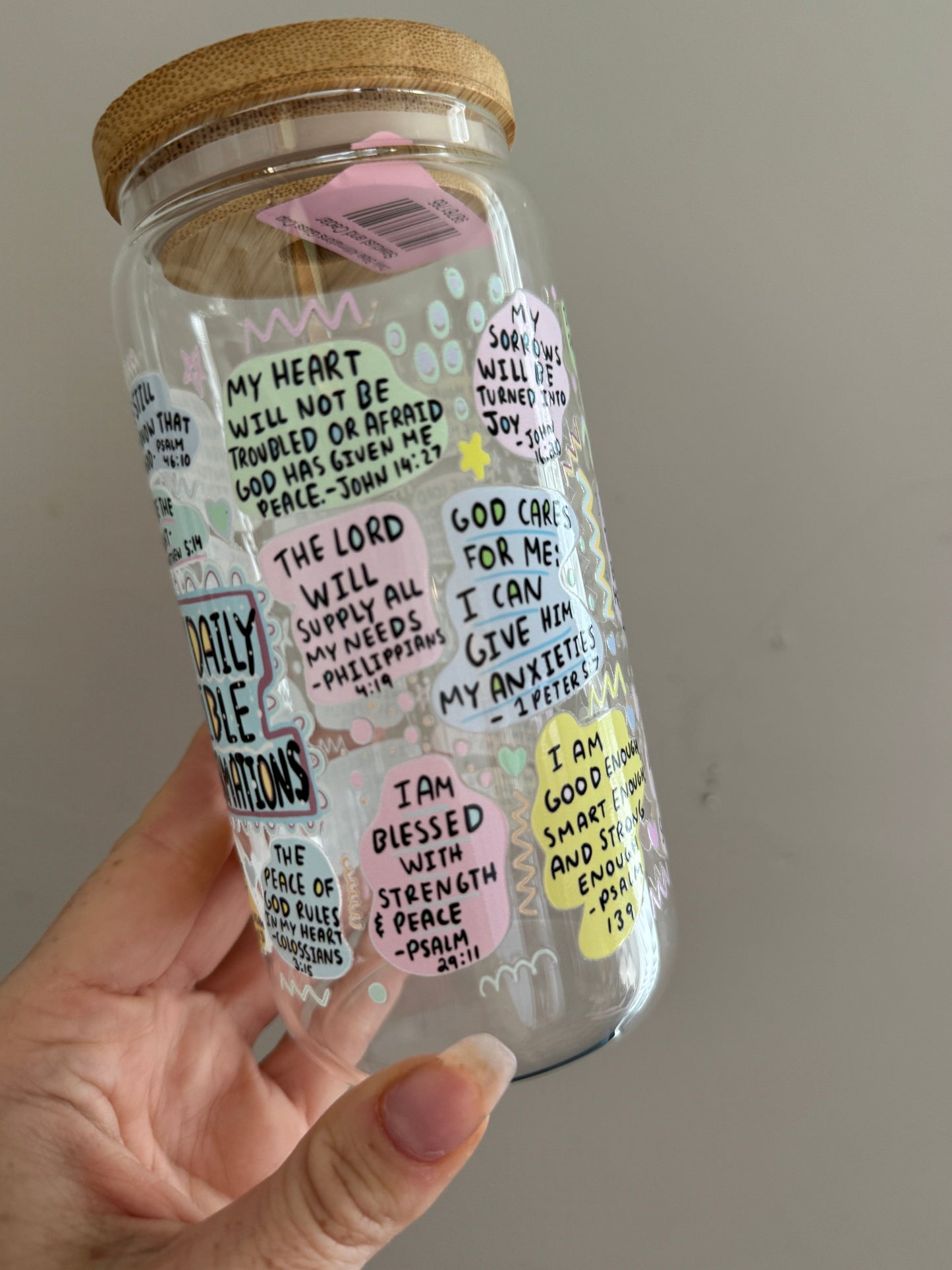 Daily Bible Affirmations 16oz Glass Tumbler Sawdust and Cedar
