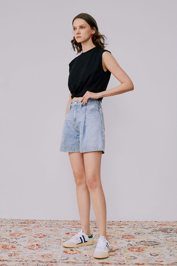 Pleated Fun Short High-Rise Mid-Weight Denim Shorts Hey Joanie