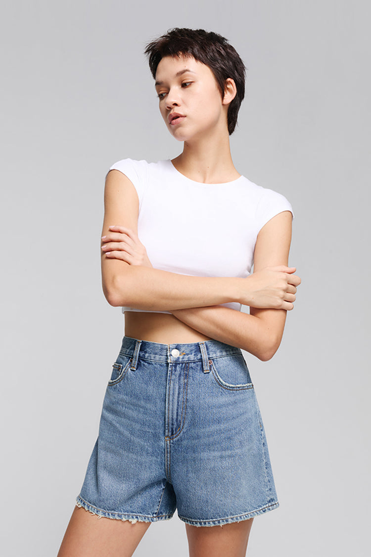 High-rise Mid-weight Denim Shorts Easy Buckle Shorts HJ820