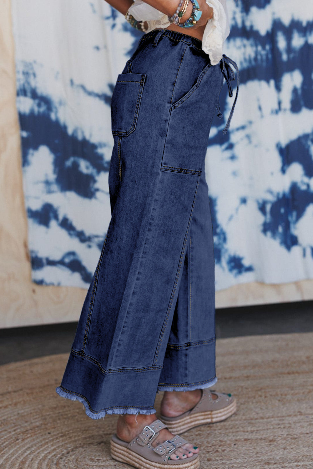 Drawstring Waist Seam Detail Wide Leg Jeans Beau Blue