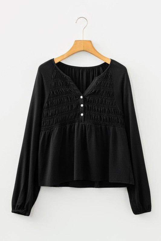 Smocked Split V-Neck Buttoned Blouse Solid