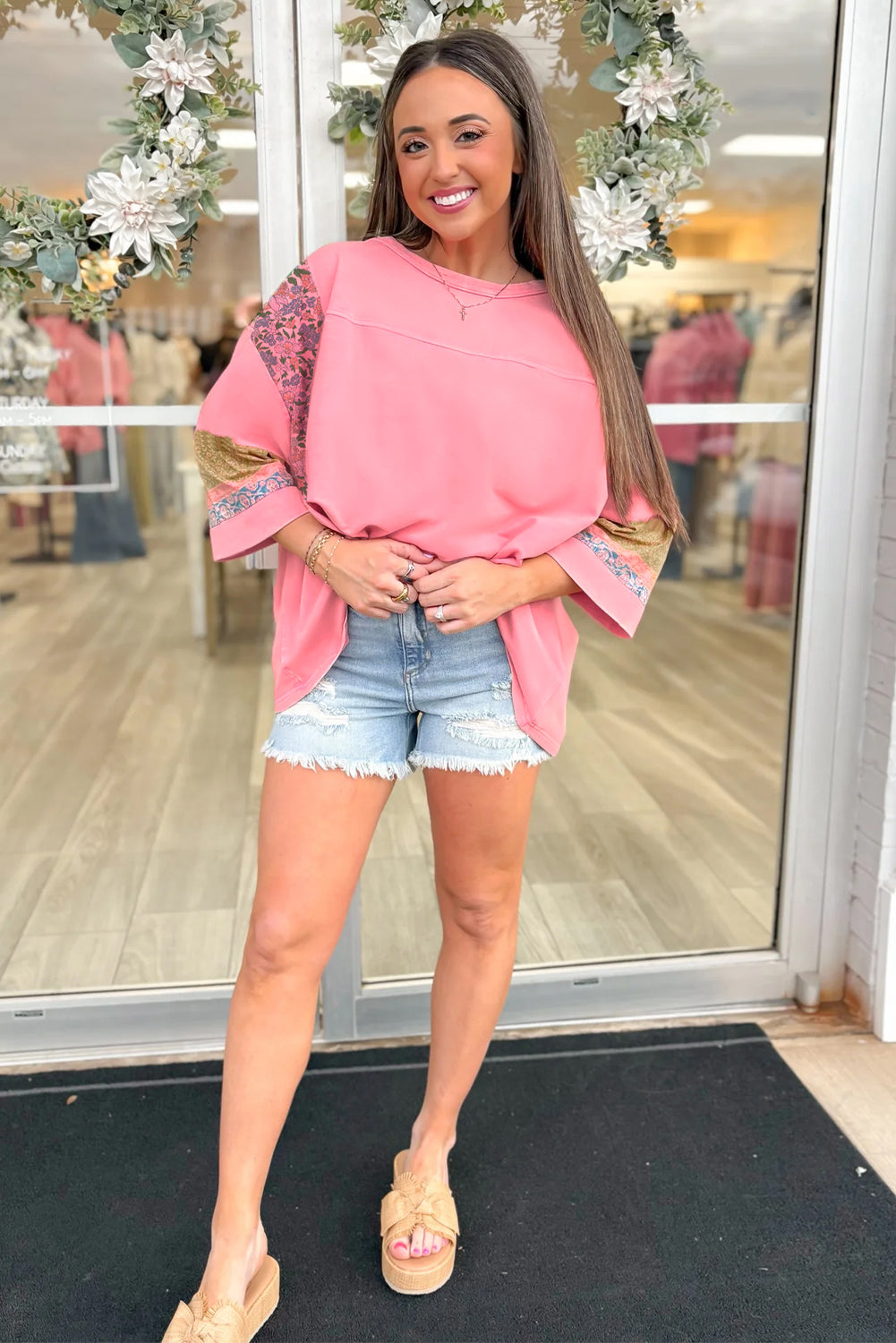 Pink Floral Color Block Patchwork Long Sleeve Top Gossamer