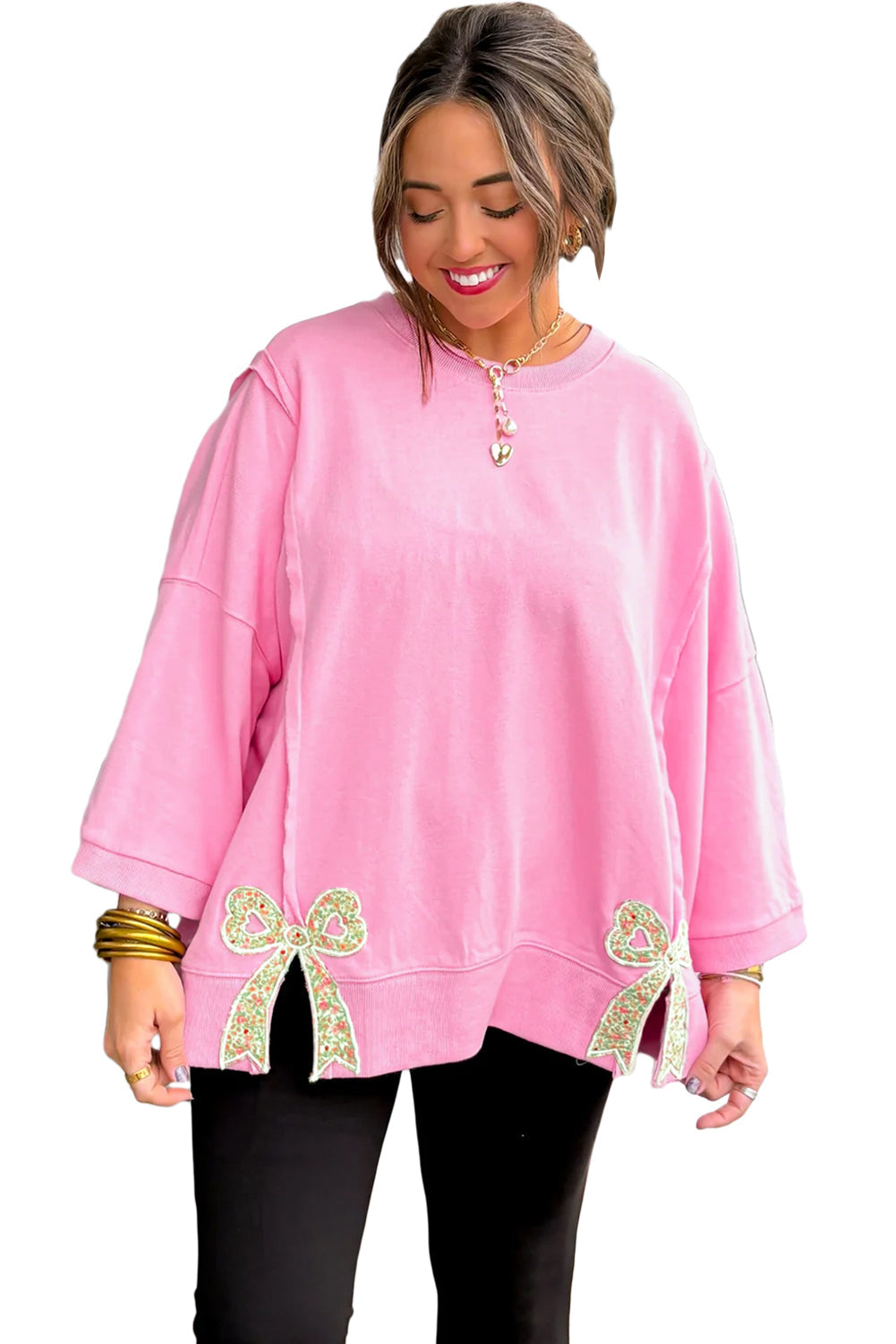 Fiery Red Floral Bow Patched Baggy Sweatshirt