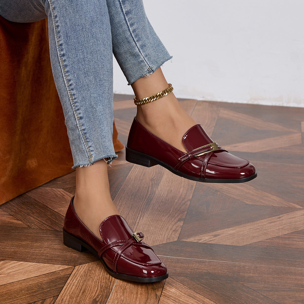 Patent Leather Low Heel Square Toe Loafers Women’s Slip-On Flats