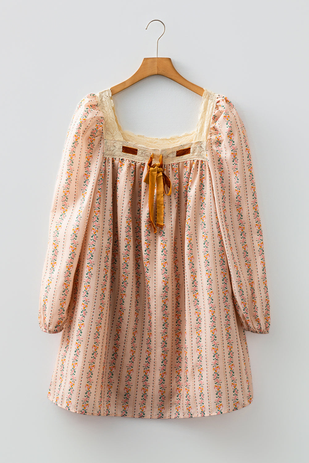 Khaki Floral Print Velvet Bow Lace Patchwork Long Sleeve Mini Dress