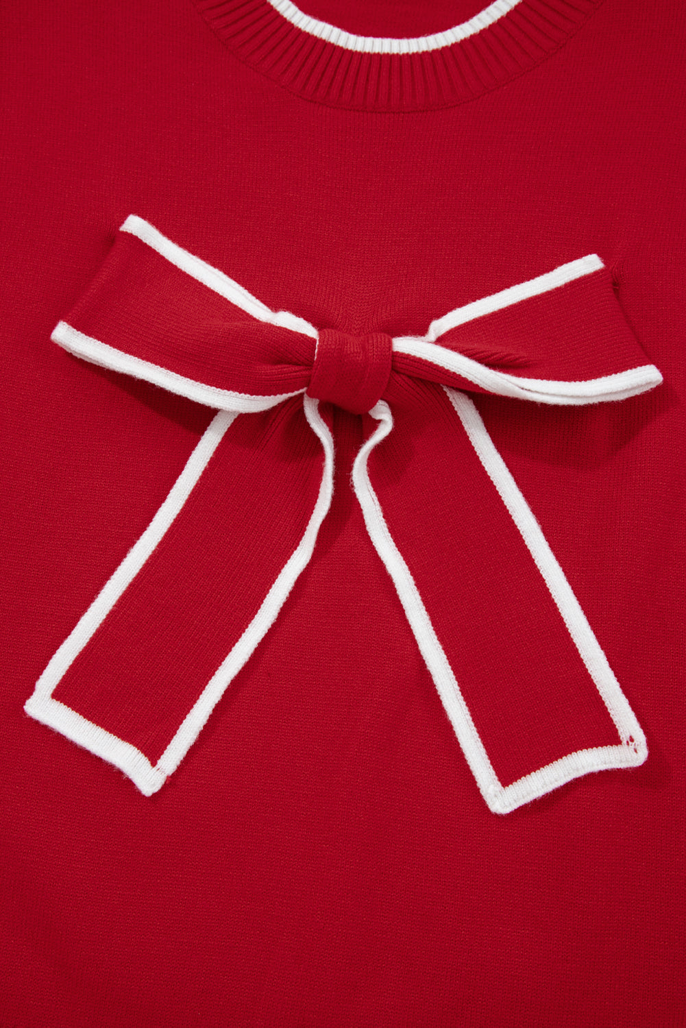 Fiery Red Contrast Trim Holiday Cropped Sweater with Big Bow Accent