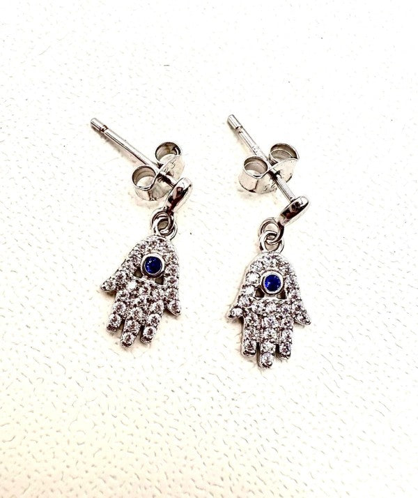 Hamsa Blue Crystal Drop Earrings 925 Sterling Silver