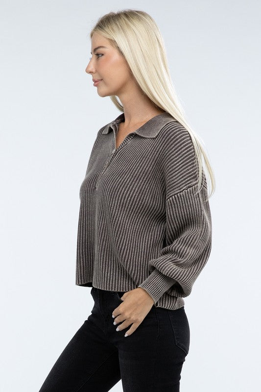 Washed Collared Henley Sweater Low Gauge Heavyweight Sweater