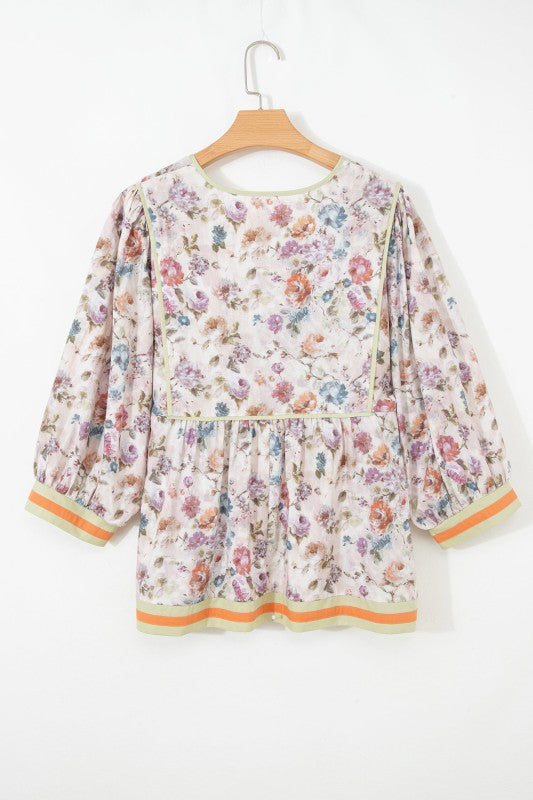 Plus Size Floral Stripe Contrast Trim Babydoll Blouse